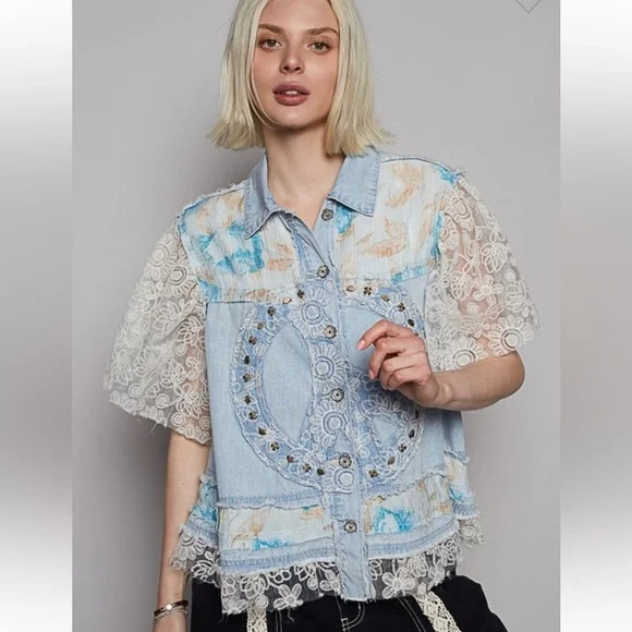 Last one 🩵POL. New. Denim and Lace Patchwork Peace Jacket - Picture 2 of 4